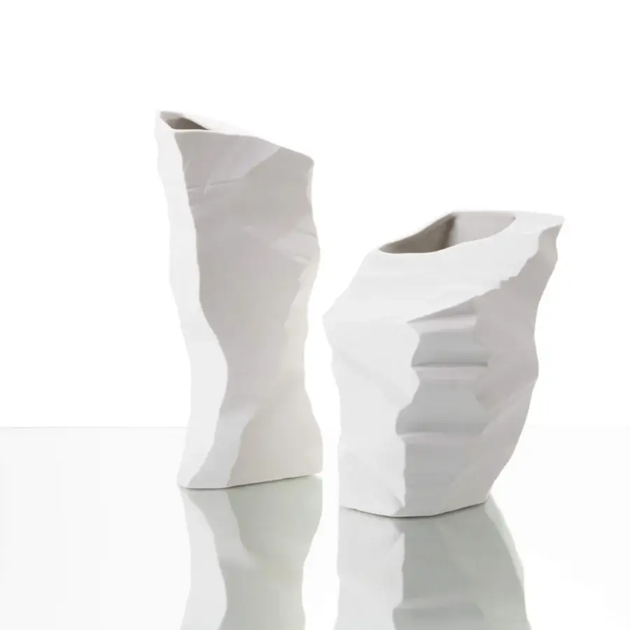 Elegant FOS Ceramiche Artika vase set crafted from precious porcelain with a matte finish and glacier-like facets