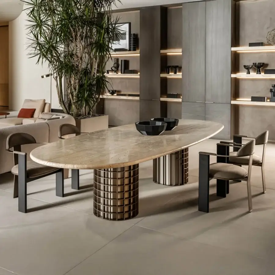 Elegant Shake Vogue table with oval beige marble top and varnished steel with solid ash wood base
