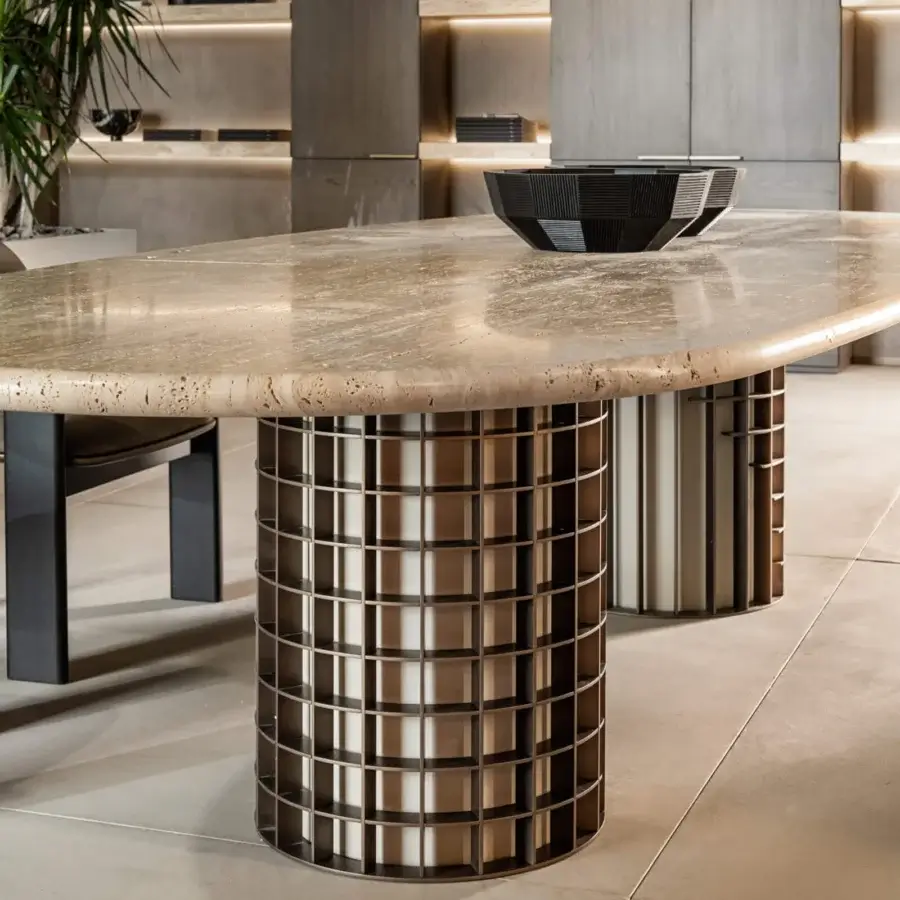 Exceptional Shake Vogue table with warm beige marble top and varnished steel built with checkered solid ash wood cylinders in a matte finish