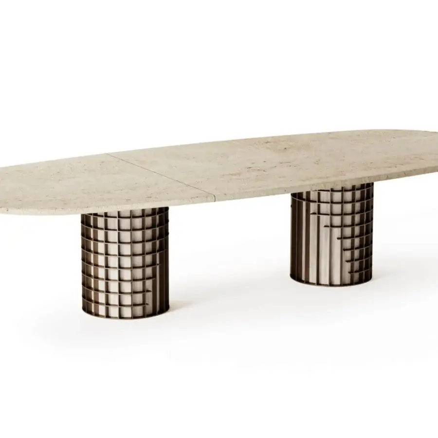 Elegant Shake Vogue table with oval warm beige marble top and sleek varnished steel bases crafted in Italy