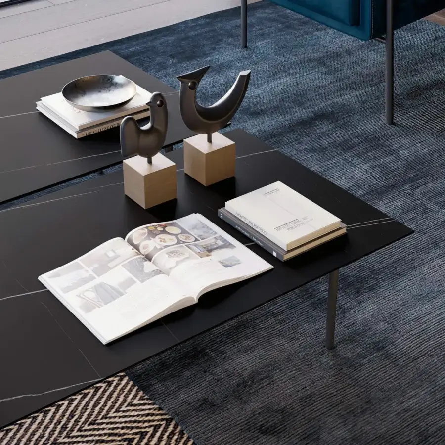 Exceptional Dallagnese Azimut coffee table crafted in dark-toned wood with a lighter wood veneer inset and matte black metal legs