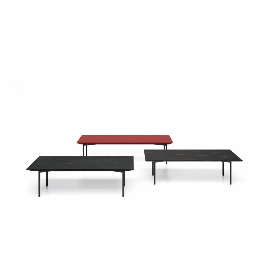 Distinguished Dallagnese Azimut coffee table in reddish-brown wood with a tilted perimeter and matte finish supported by black metal legs