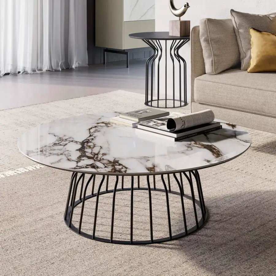 Elegant Dallagnese Bomber coffee table in marble-veined stoneware with a glossy finish and matte black metal base