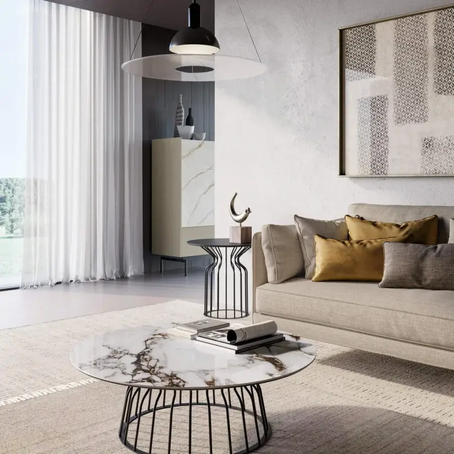 Superior Dallagnese Bomber coffee table in polished stoneware with rich brown and gold veining and a matte dark metal base