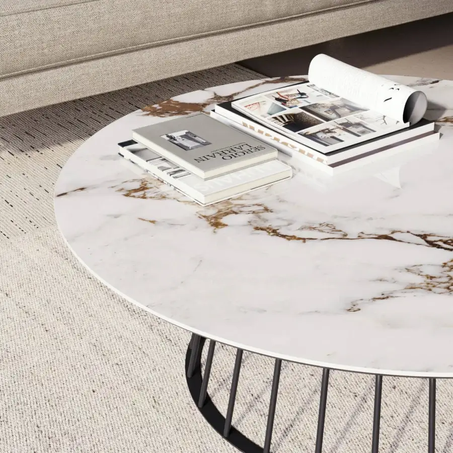 Distinguished Dallagnese Bomber coffee table with glossy white tabletop and matte black metal rod base crafted with grey and gold marble veining