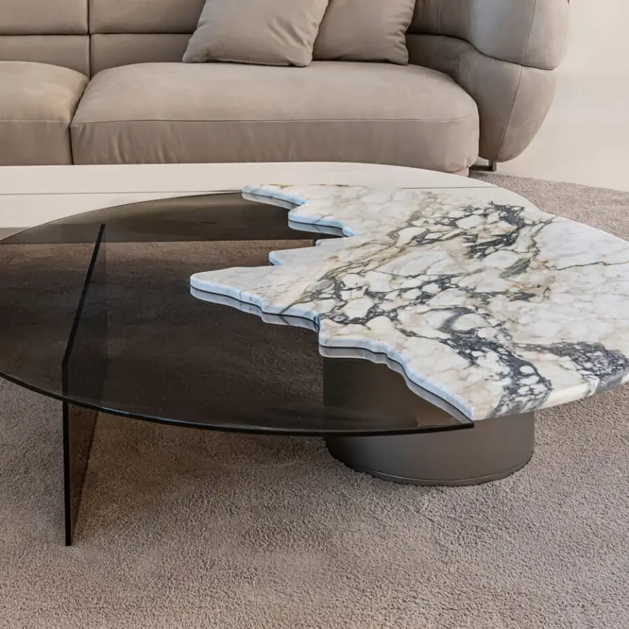 Exceptional Shake Capri coffee table with honed white marble and transparent tempered glass atop a dark muted-tone metal base