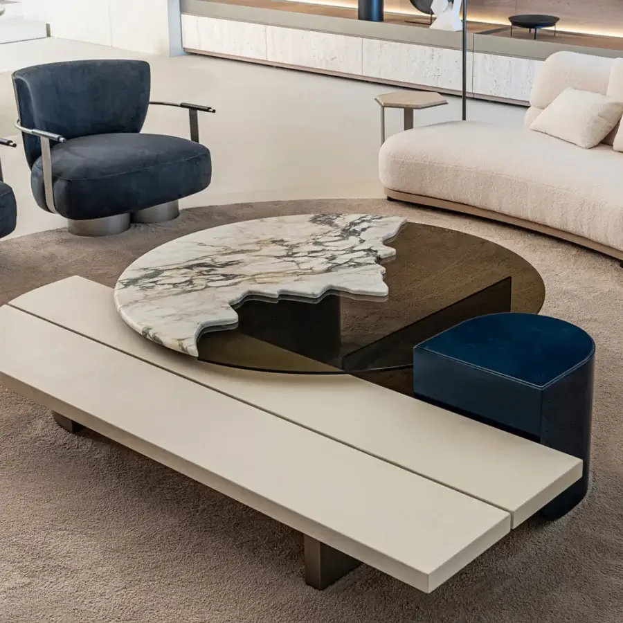 Distinguished Shake Capri coffee table with honed white marble, dark blue textile and beige blockboard veneer base
