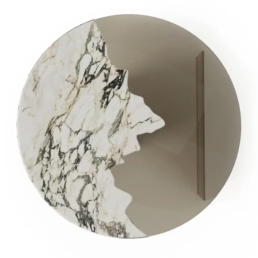 Distinguished Shake Capri coffee table with honed marble and tempered glass top, paired with a satin wood cylindrical base in grey and brown tones