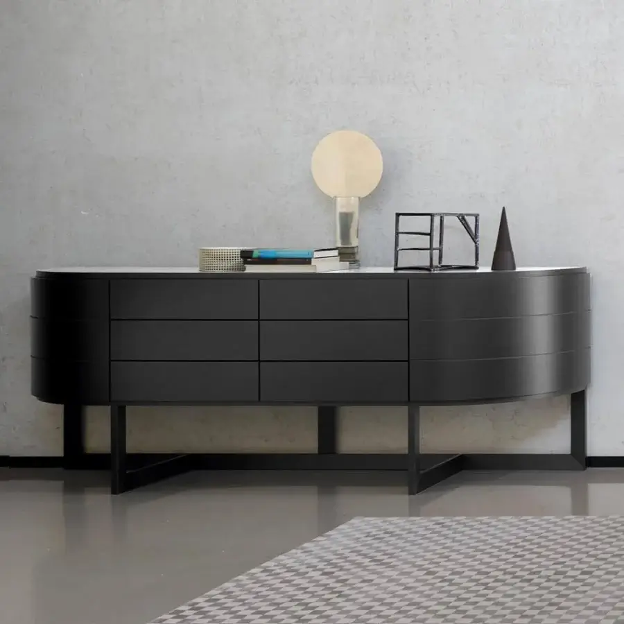Exceptional Potocco Diva sideboard with solid oak wood, curved doors and a dark wood finish complemented by a light top surface