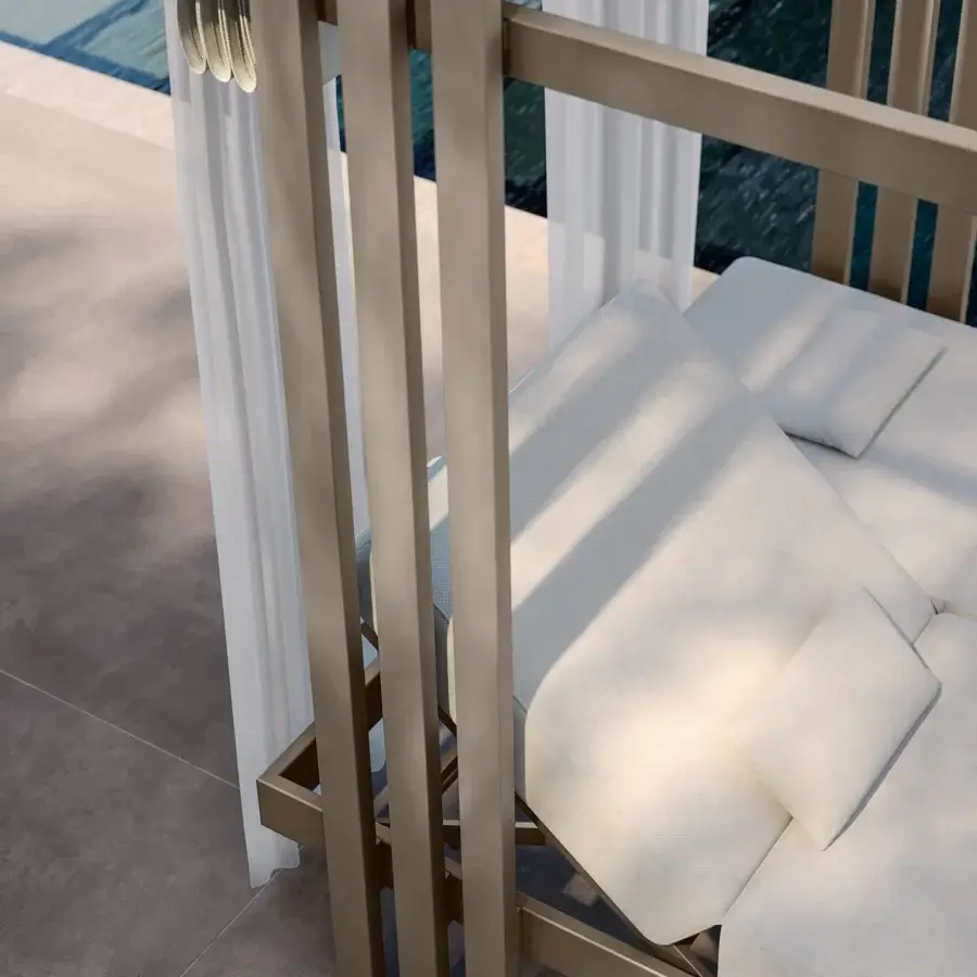 Superior MY YOUR Soletto daybed with durable aluminium frame, water-repellent fabrics and plush light beige cushions
