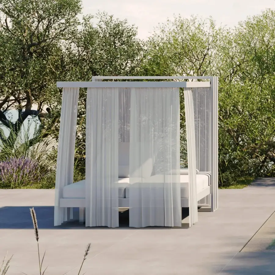 Distinguished MY YOUR Soletto daybed crafted with matte white aluminium and water-repellent fabrics for secluded outdoor relaxation
