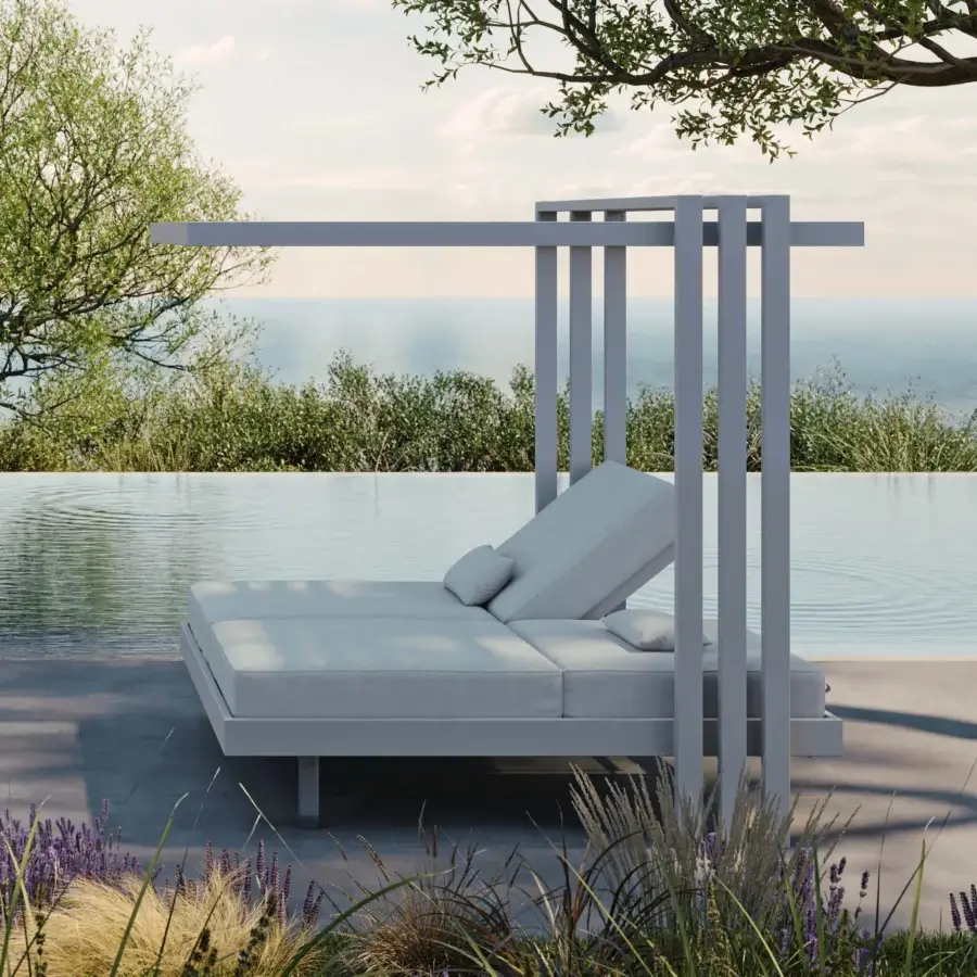 Distinguished MY YOUR Soletto daybed crafted with light gray textile upholstery, durable aluminum and subtly textured finish