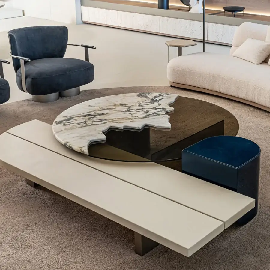 Elegant Shake Blend side table with marble surface, dark translucent layer and varnished steel base with veneer wood