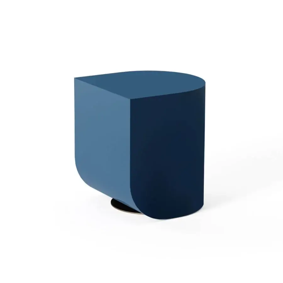 Distinguished Shake Blend side table with curved form, navy blue veneer wood and varnished steel base offering lasting stability