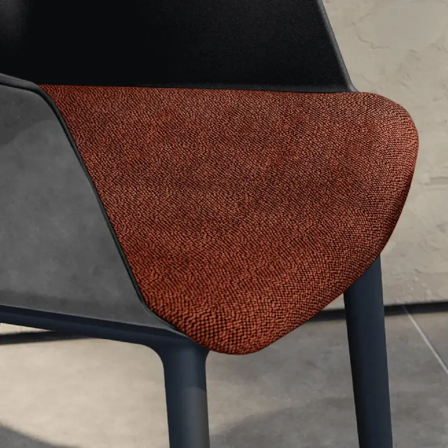 Superior MY YOUR Sofia Padded Armchair with geometric form and reddish-brown textured textile upholstery in charcoal polypropylene