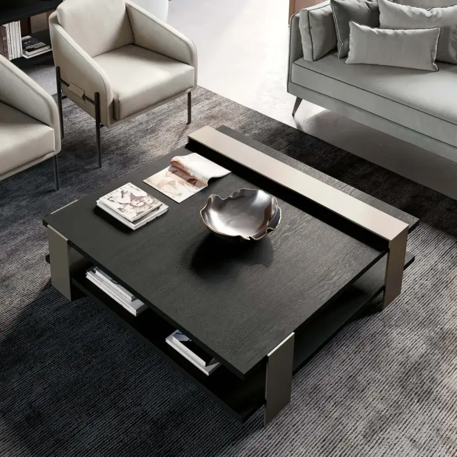 Distinguished Dallagnese Kyoto coffee table with dark subtly textured wood and refined metal frame embodies minimalist architectural lines