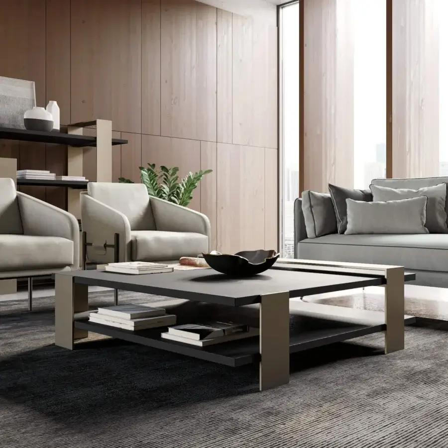 Exceptional Dallagnese Kyoto coffee table with neutral gray wooden surfaces and matte metal frame