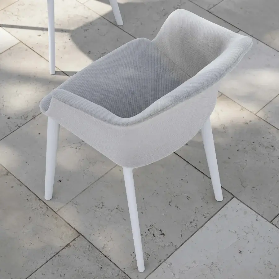 Elegant MY YOUR Italian Outdoor Experience armchair with light gray textile upholstery and sleek white metal legs crafted with velvet finishing