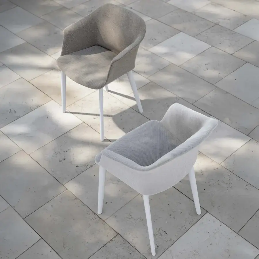 Distinguished MY YOUR Italian Outdoor Experience armchair crafted from polypropylene with light gray textile upholstery and sleek white metal legs