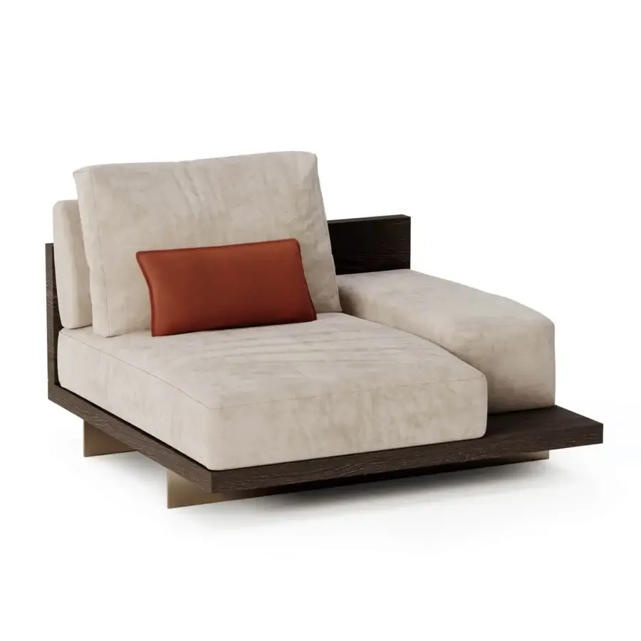 Distinguished Shake Mod chaise lounge with light beige fabric upholstery and varnished steel legs built with a dark-toned wood frame