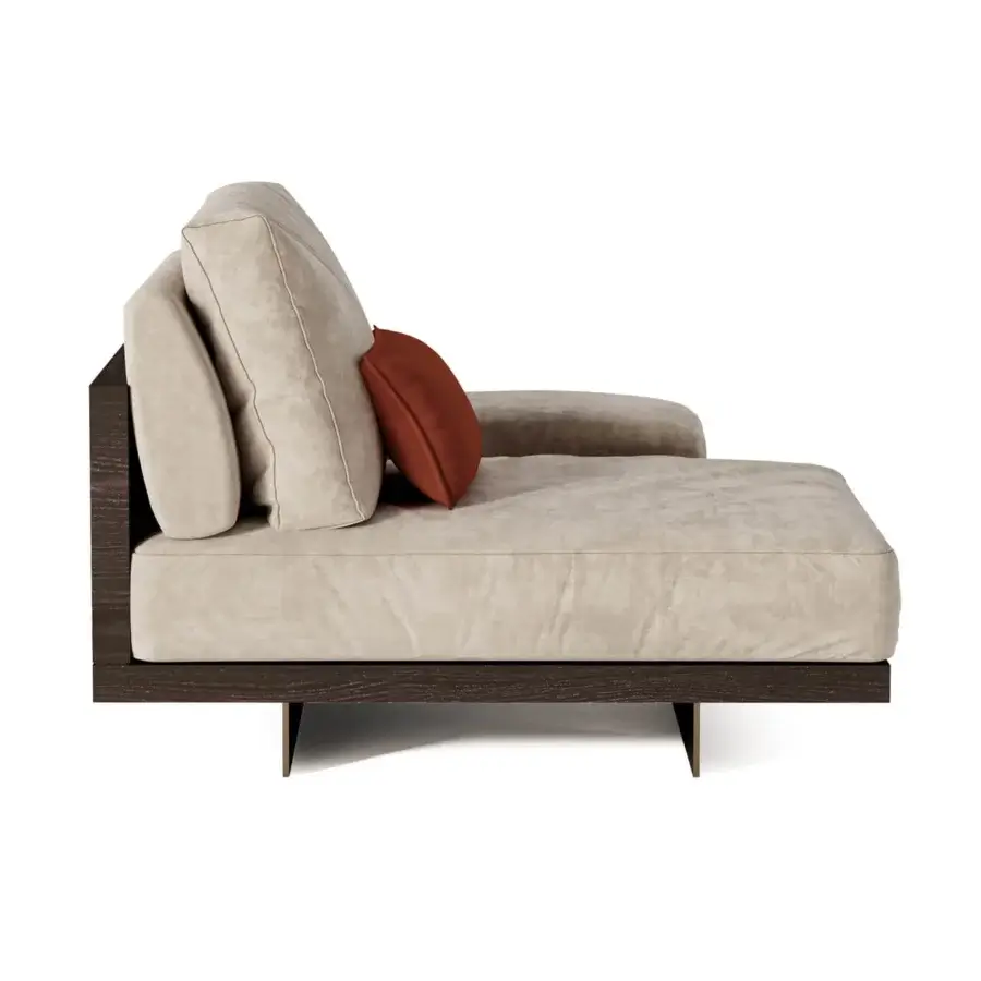 Exceptional Shake Mod chaise lounge with light beige textured fabric upholstery and varnished steel legs