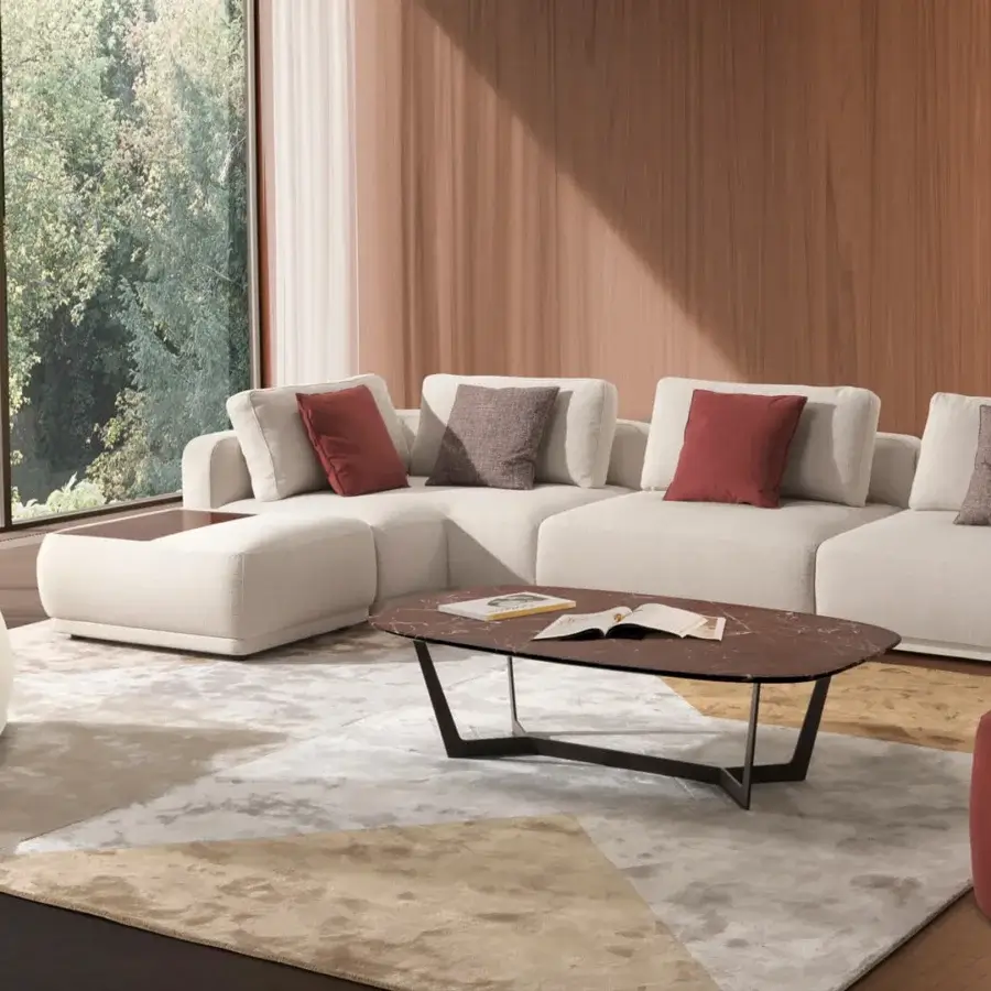 Superior CTS Salotti Kant sectional built with solid fir wood and multi-ply frame, upholstered in textured light neutral textile with velveteen finish