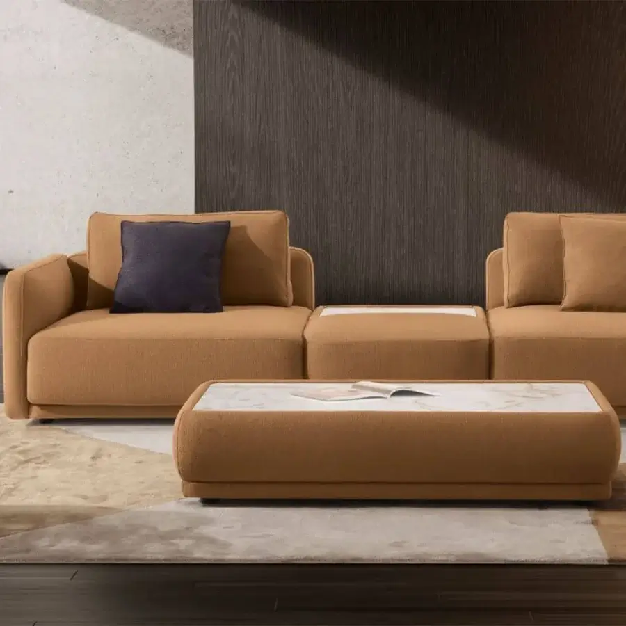 Distinguished CTS Salotti Kant sectional with textured earthy brown fabric or non-removable leather finish crafted with a solid fir wood frame