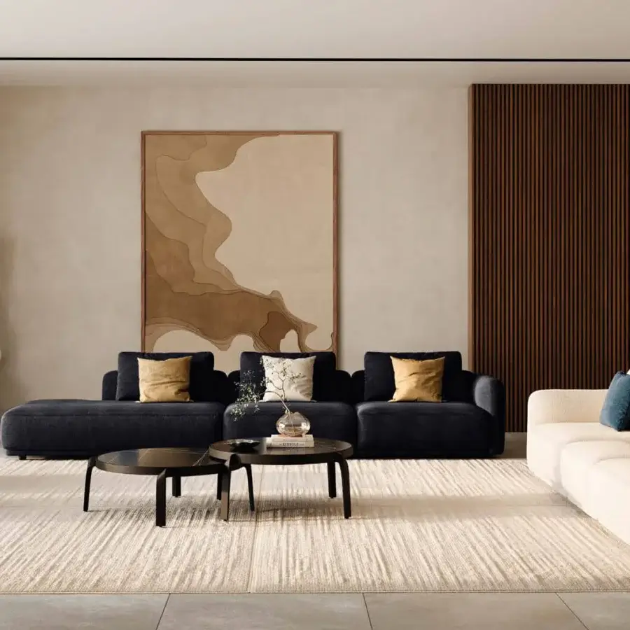 Distinguished CTS Salotti Kant sectional with navy blue woven textile upholstery and cream bouclé chaise built with a solid fir wood frame