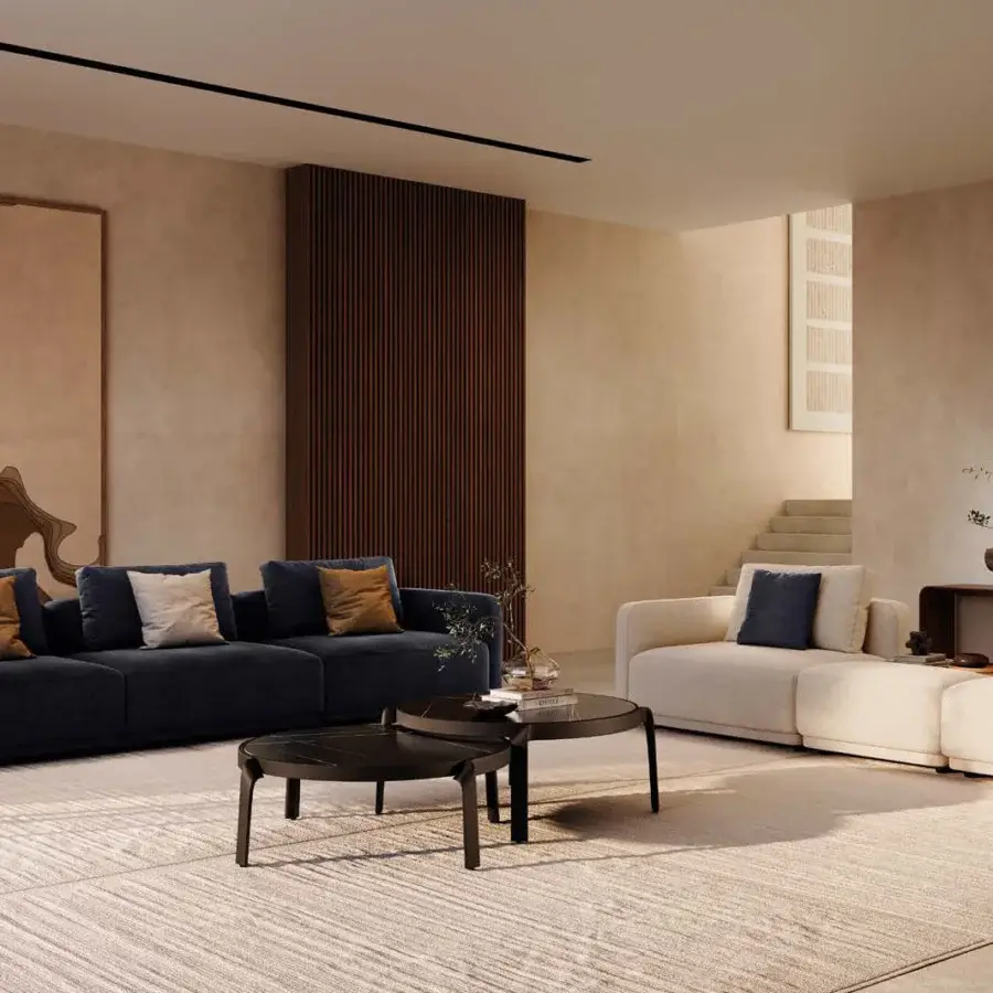 Sophisticated CTS Salotti Kant sectional in dark navy textile with light blue and cream accents, built with a solid fir wood frame and removable cover