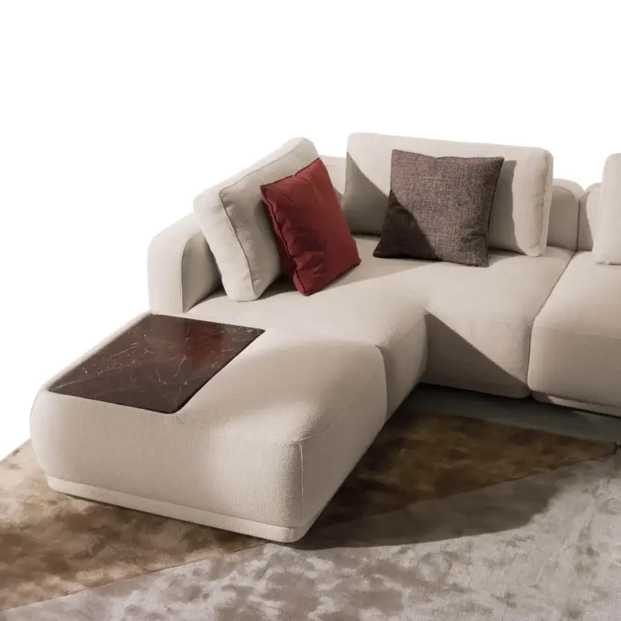 Exceptional CTS Salotti Kant sectional upholstered in textured light beige textile with velveteen finish and built with a polished stone chaise lounge