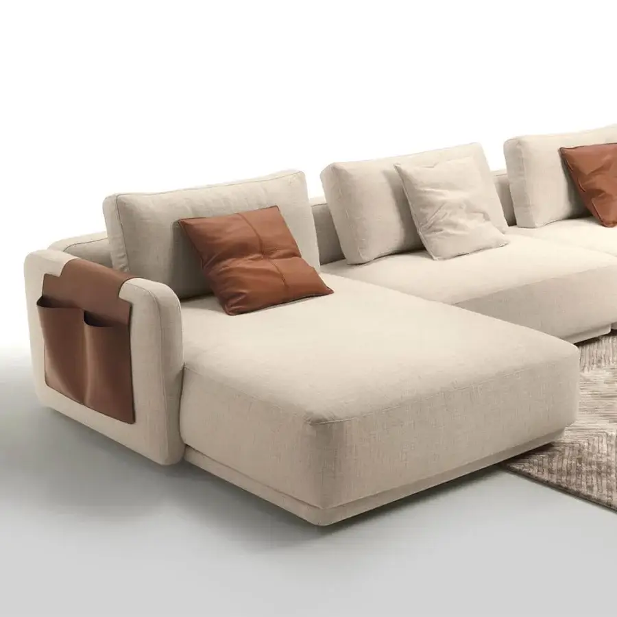 Superior CTS Salotti Kant sectional built with solid fir wood and multi-ply frame upholstered in textured beige woven fabric with tanned leather accents