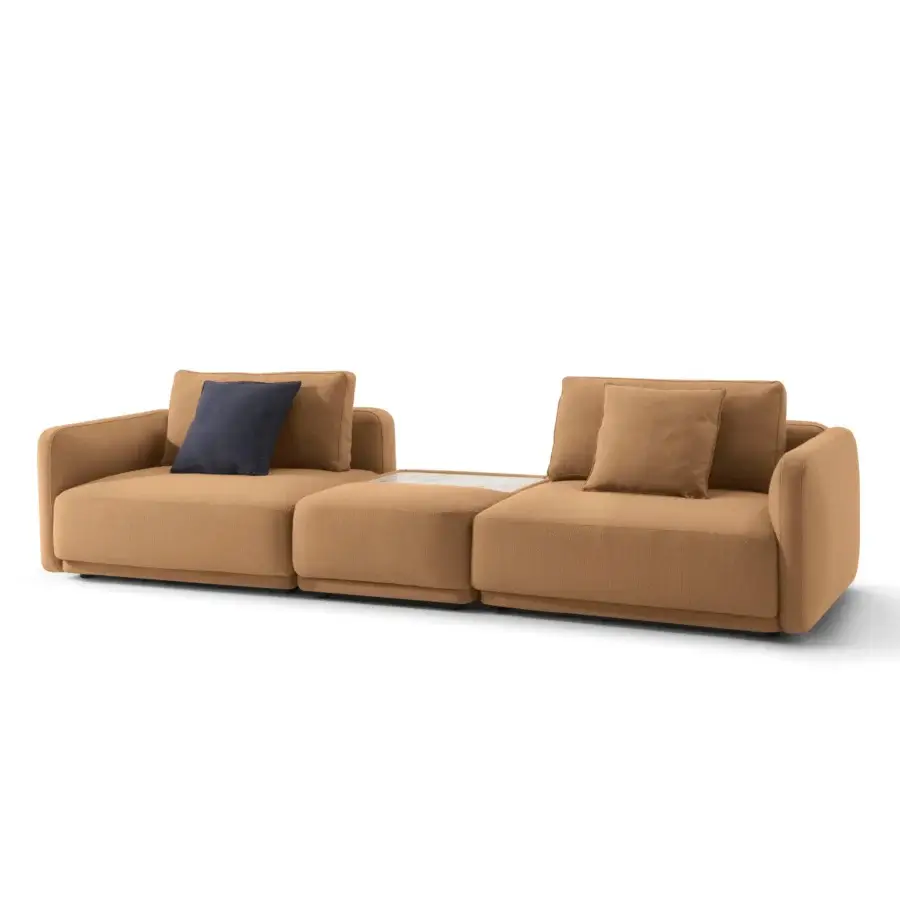 Exceptional CTS Salotti Kant sectional upholstered in subtly textured ochre textile with a solid fir wood frame and black ABS feet