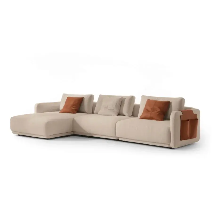 Elegant CTS Salotti Kant sectional built with fir wood and multi-ply, upholstered in textured neutral beige fabric with reddish-brown accents