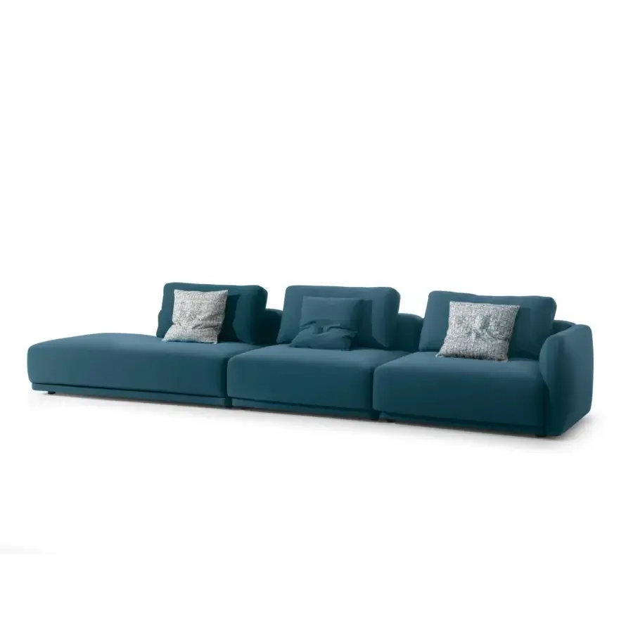 Superior CTS Salotti Kant sectional crafted with fir wood and multi-ply, upholstered in deep teal woven fabric with black ABS feet
