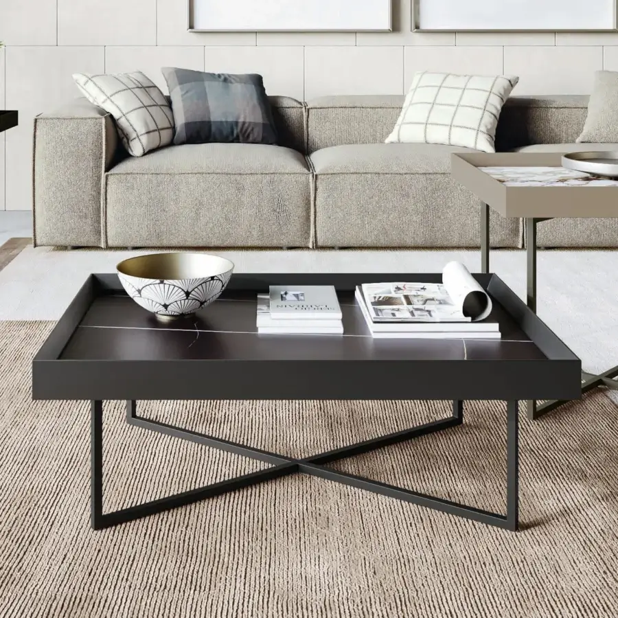 Exceptional Dallagnese Slash coffee table with dark stoneware surface and intersecting black metal base in matte finish