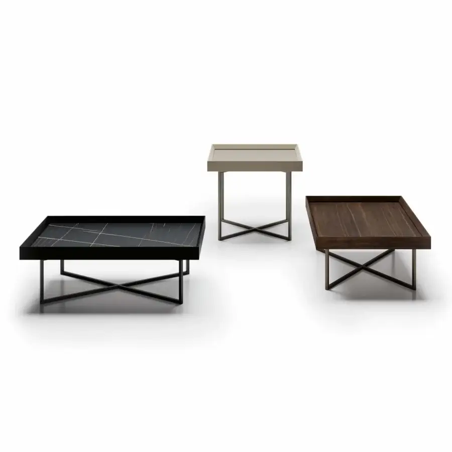 Superior Dallagnese Slash coffee table with dark stoneware tabletop and matte dark metal cross base crafted in Italy