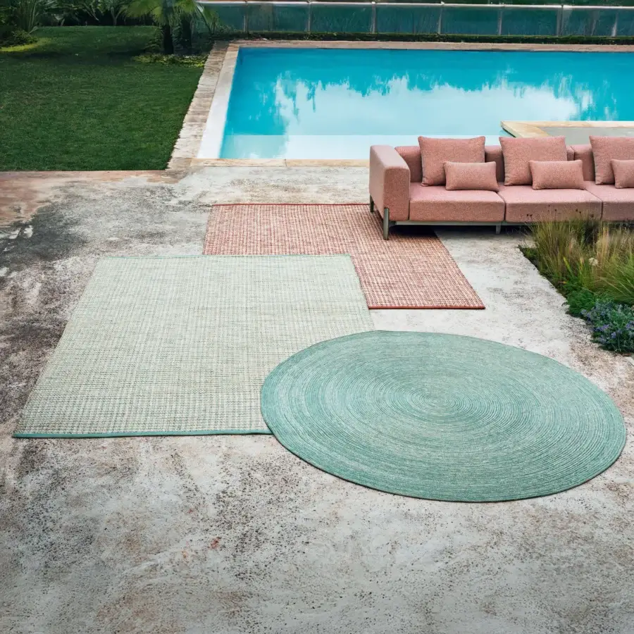 Superior MY YOUR Aladdin rug hand-sewn from durable rope with a contemporary spiral pattern and muted teal color palette
