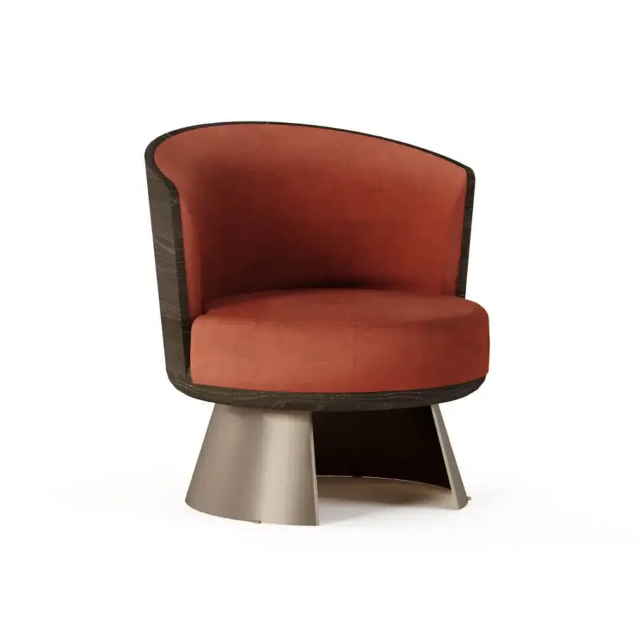 Distinguished Shake Victor swivel lounge chair crafted with reddish-brown velvet upholstery and varnished steel base in plywood ash wood
