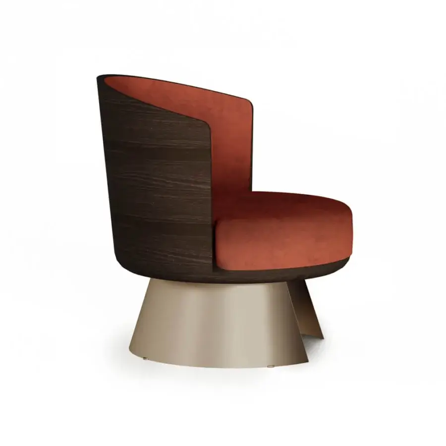 Superior Shake Victor swivel lounge chair with reddish-orange textile upholstery and varnished plywood ash wood frame