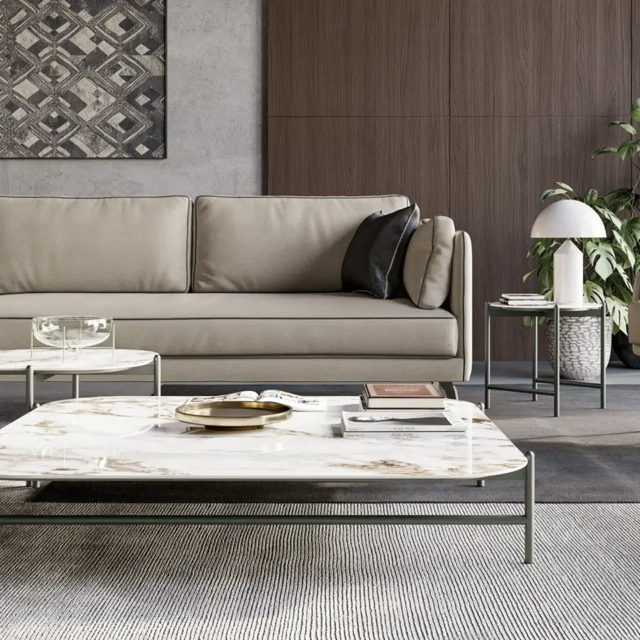 Elegant Dallagnese Supernova Square coffee table with glossy stoneware top displaying grey and gold veining in a dark grey matte metal base