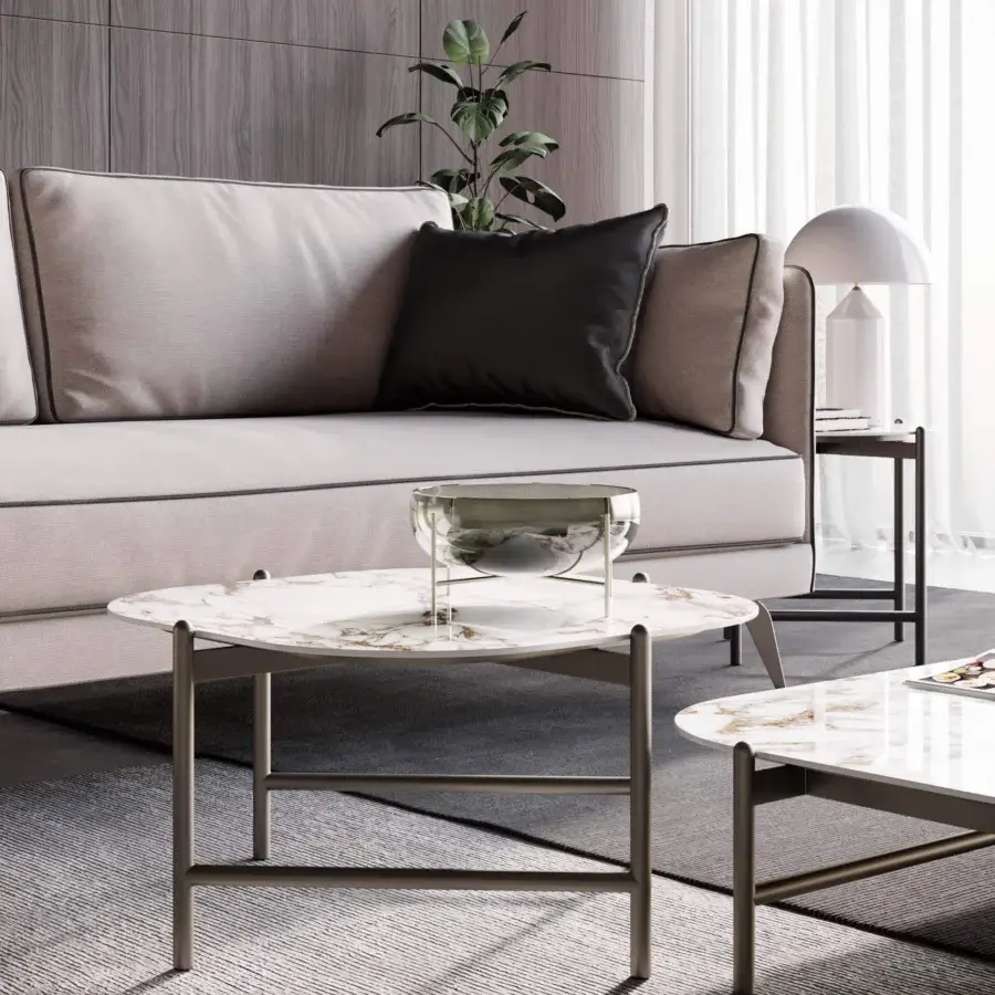 Distinguished Dallagnese Supernova Square coffee table with stoneware top displaying beige and gold veining in a polished glossy finish and slender brushed metal base