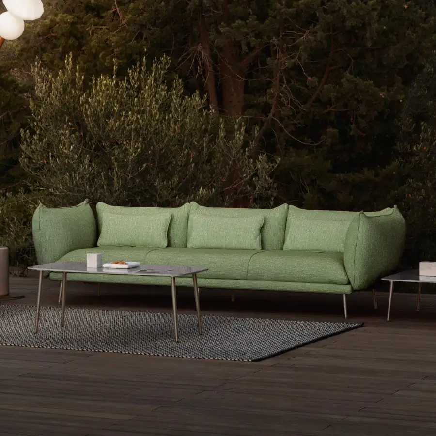 Superior MY YOUR Piuma sofa crafted in Italy with aluminum and outdoor fabric, presenting a subtly textured olive green finish