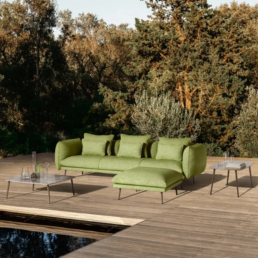 Superior MY YOUR Piuma sofa with muted olive green outdoor fabric upholstery, crafted in aluminum with highlighted stitching