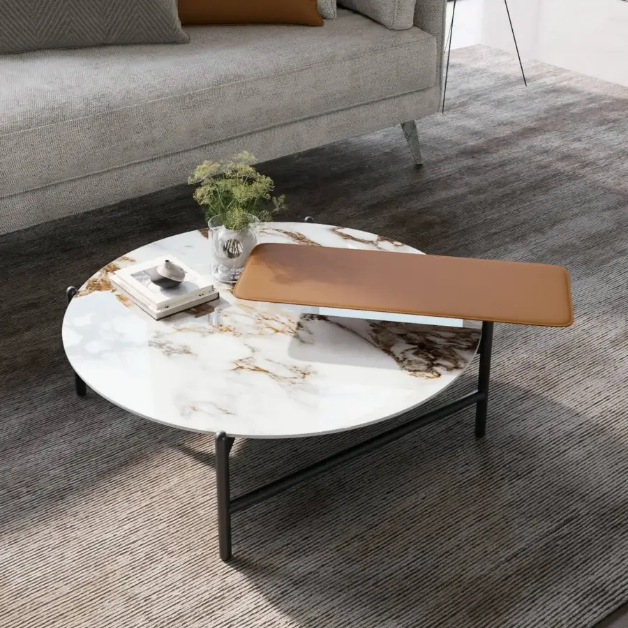 Superior Dallagnese Supernova coffee table with white marble effect top, gold veining and matte brown leather swivel tray