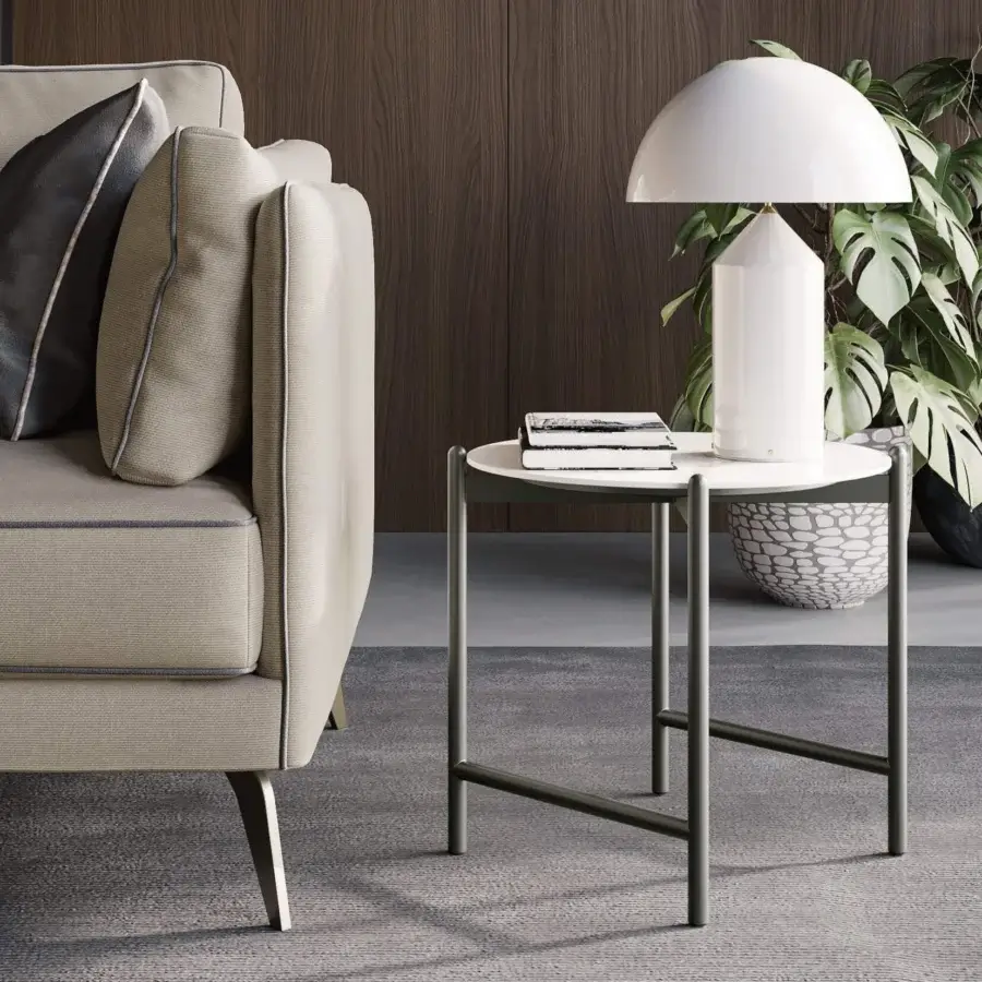 Distinguished Dallagnese Supernova coffee table with dark gray metal base and round wooden tabletop, crafted with satin finish and hard leather swivel tray