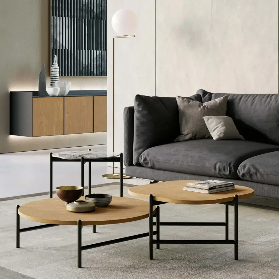 Exceptional Dallagnese Supernova coffee table crafted with medium-brown wood and dark-toned metal in a satin finish