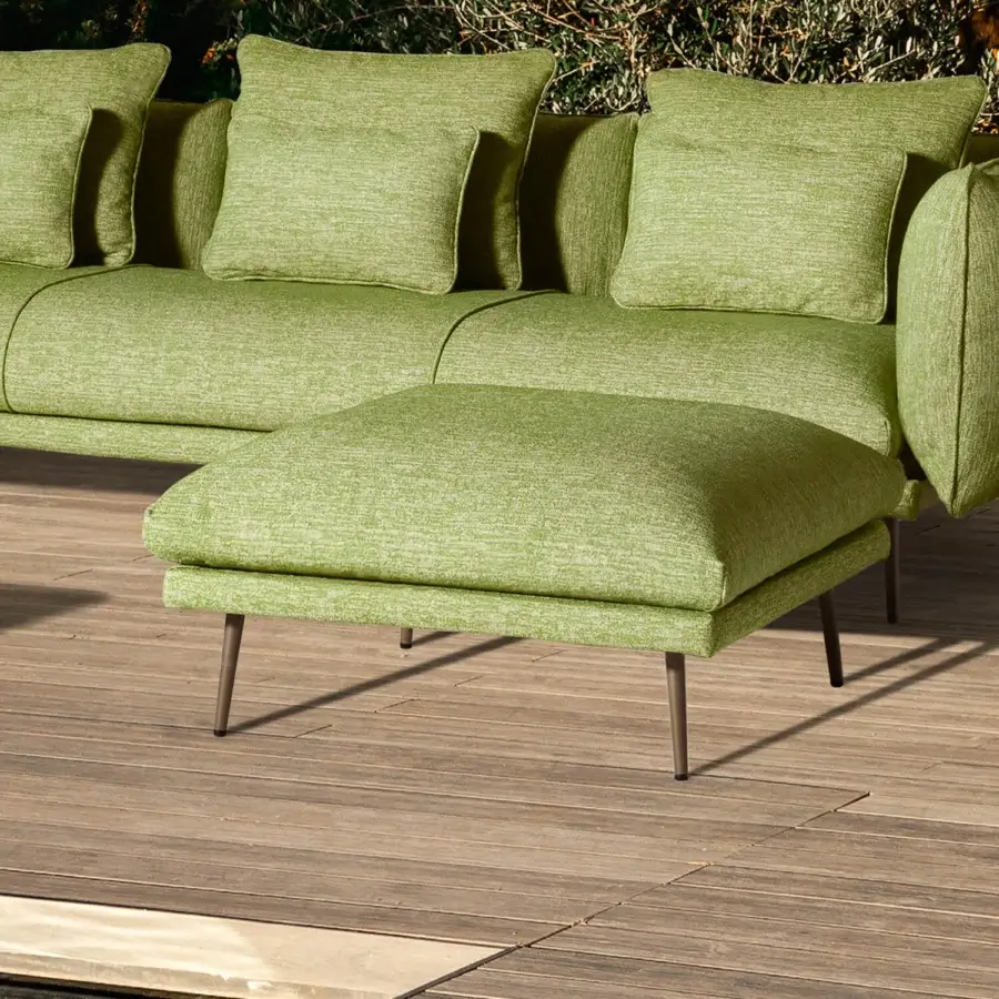 Sophisticated MY YOUR Piuma ottoman with muted green outdoor fabric upholstery and highlighted stitching