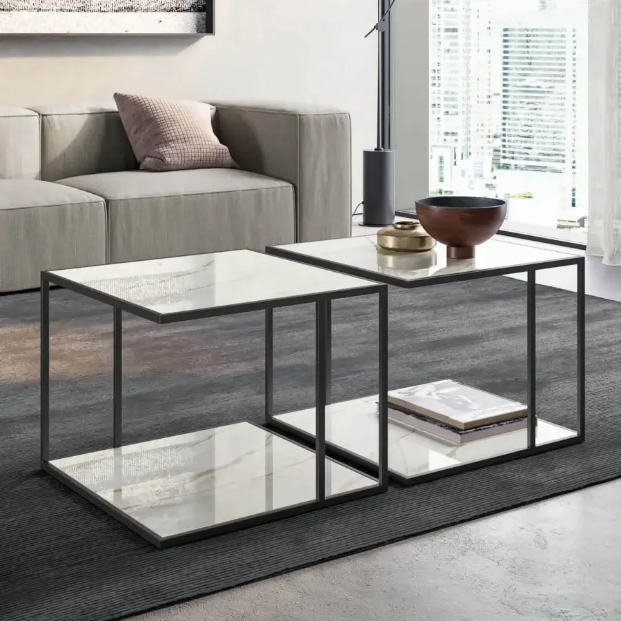 Elegant Dallagnese Track side table with overlapping stoneware tops and dark matte metal base