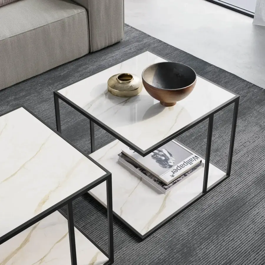 Distinctive Dallagnese Track side table with glossy white stoneware tops and dark matte metal frame