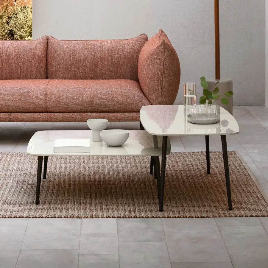 Exceptional MY YOUR Piuma coffee table with aluminum structure and outdoor fabric upholstery in a pale tone with glossy finish